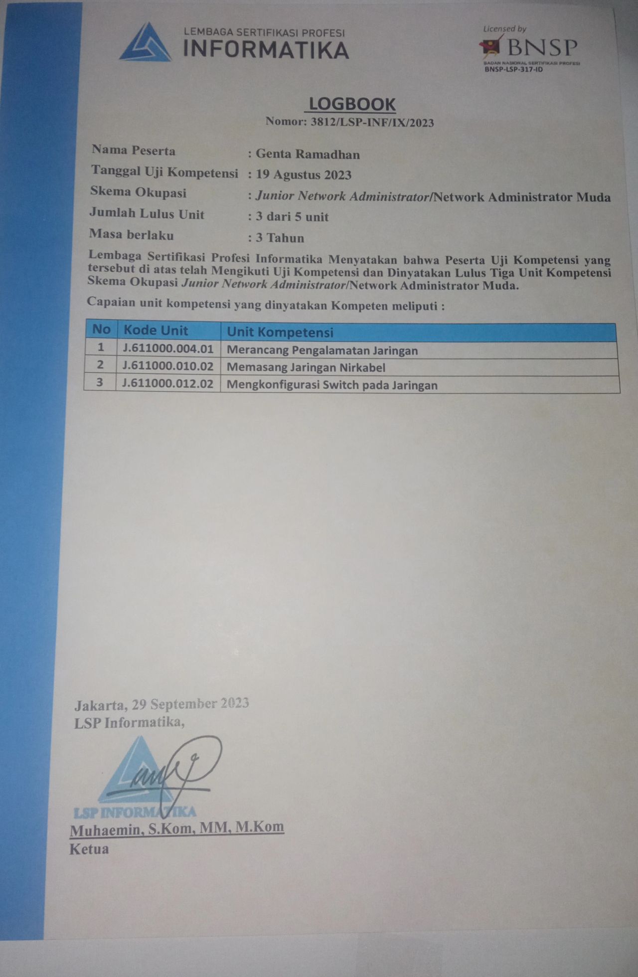 Sertifikat BNSP Junior Network Administrator